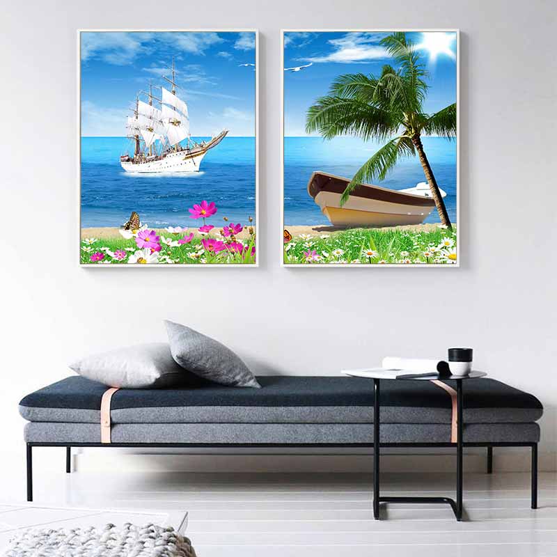 Tranh canvas phong cảnh biển và thuyền buồm trắng